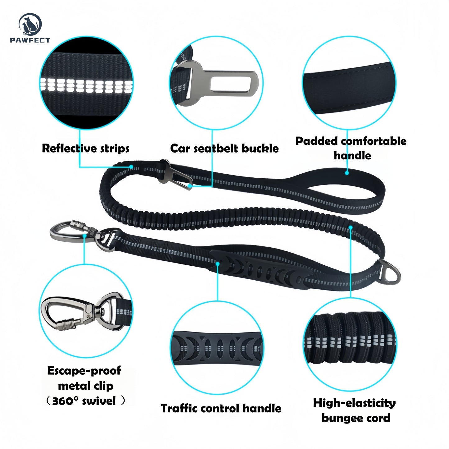 Reflective Elastic Dog Leash with Car Seatbelt Buckle