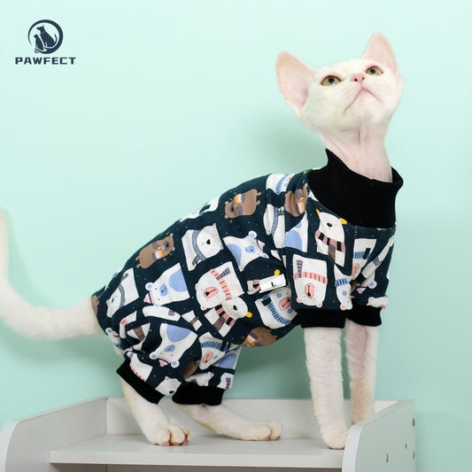 Full-Body Cartoon Romper for Cats with Belly Protection & Four-Leg Design