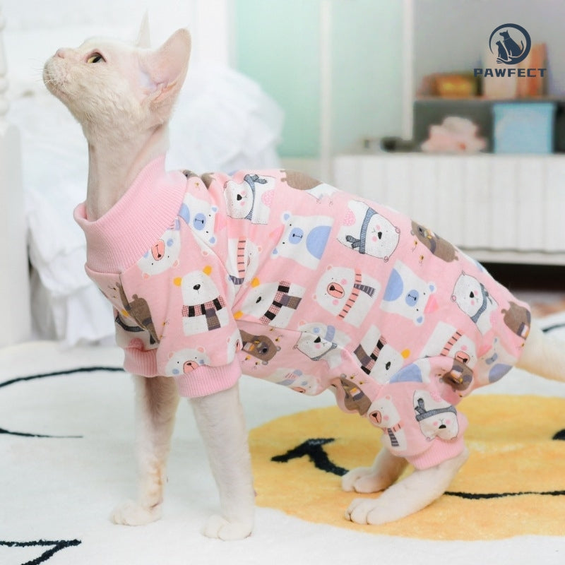 Full-Body Cartoon Romper for Cats with Belly Protection & Four-Leg Design
