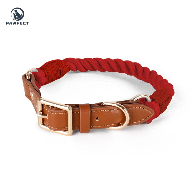 Woven Cotton Dog Collar with Soft Leather