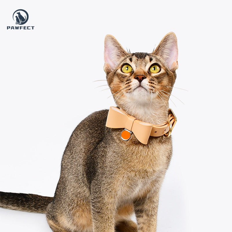 Soft Leather Cat Leash Set with Bow Collar or Harness