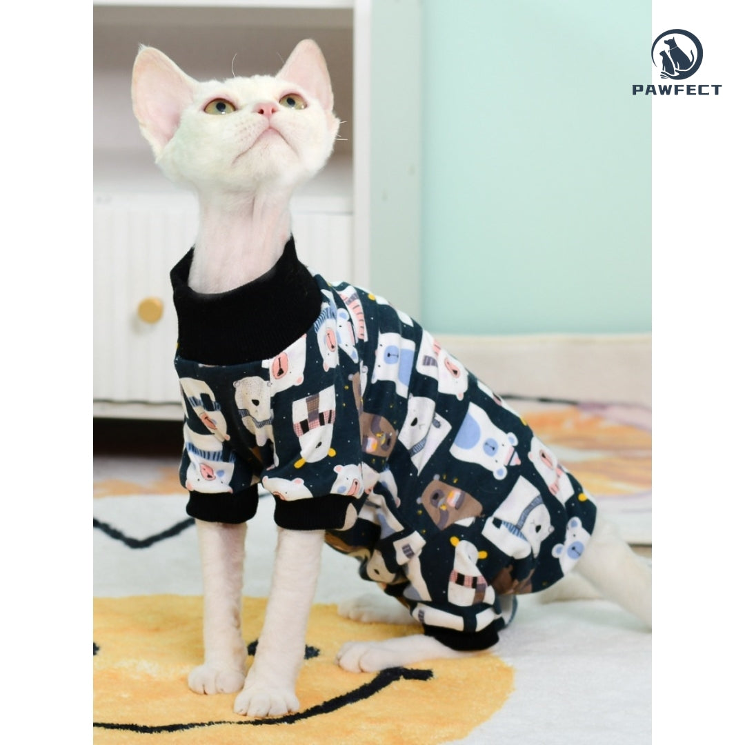 Full-Body Cartoon Romper for Cats with Belly Protection & Four-Leg Design