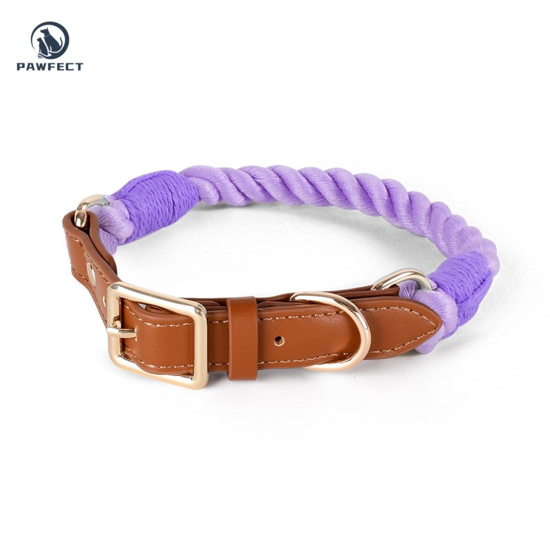 Woven Cotton Dog Collar with Soft Leather