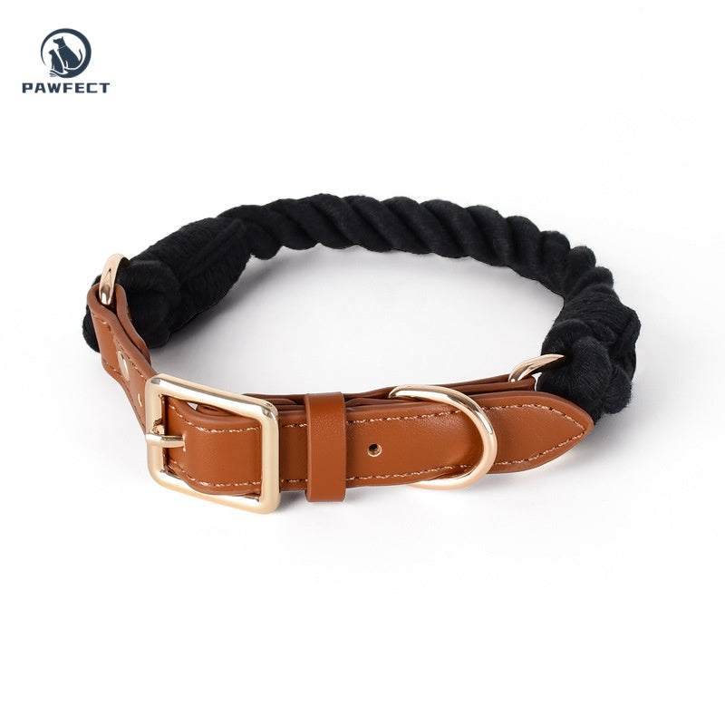 Woven Cotton Dog Collar with Soft Leather