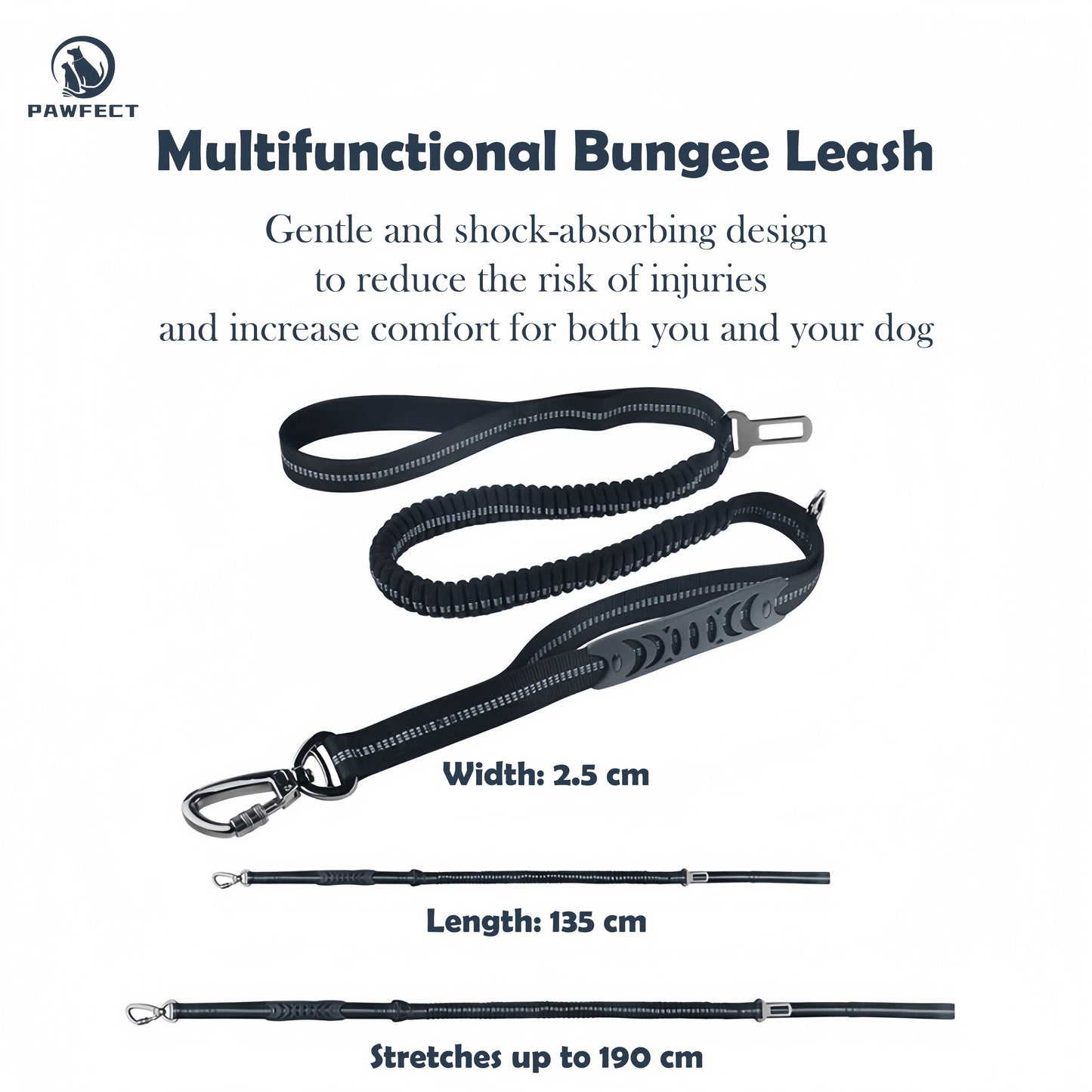 Reflective Elastic Dog Leash with Car Seatbelt Buckle