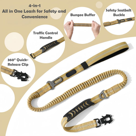 Reflective Pet Leash with Car Seatbelt Buckle & Frog Clip