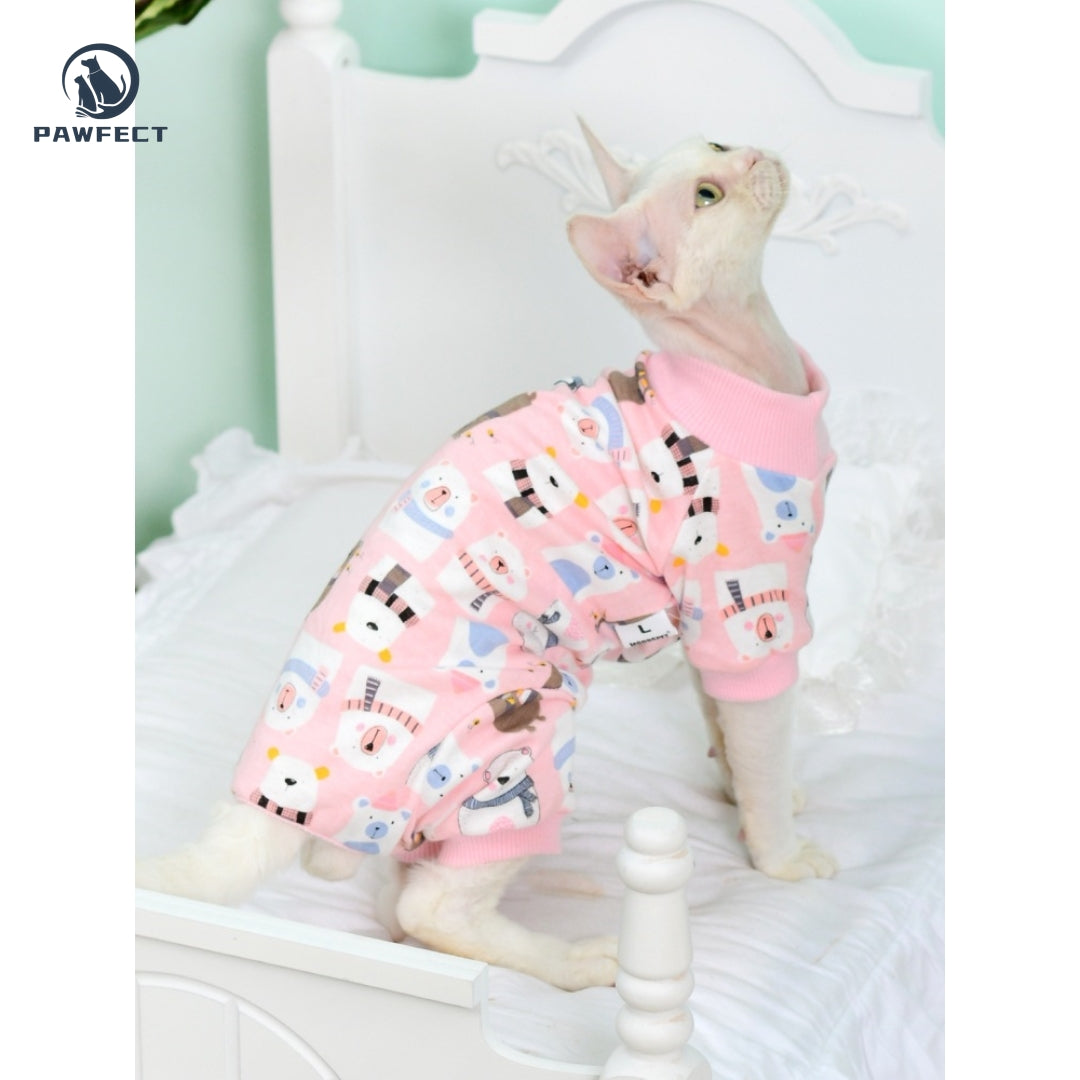 Full-Body Cartoon Romper for Cats with Belly Protection & Four-Leg Design