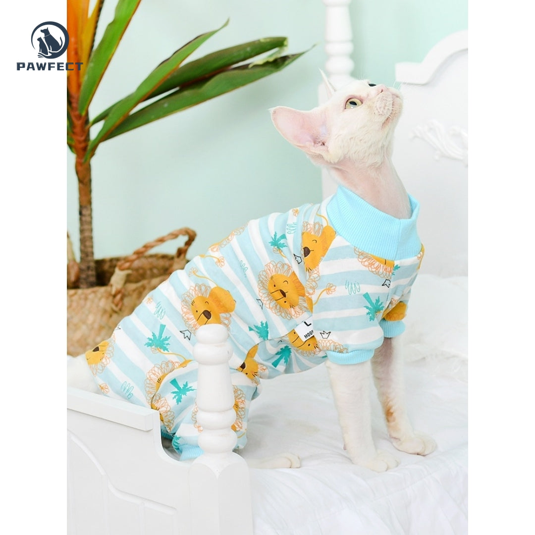 Full-Body Cartoon Romper for Cats with Belly Protection & Four-Leg Design