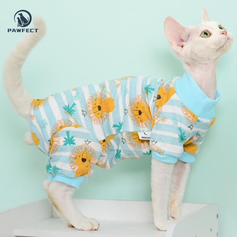 Full-Body Cartoon Romper for Cats with Belly Protection & Four-Leg Design