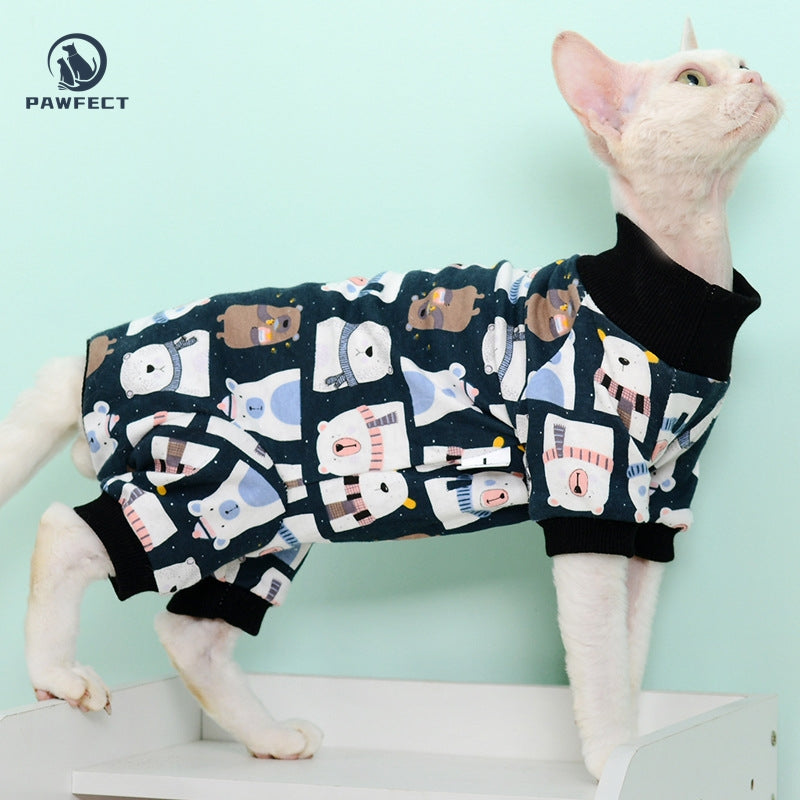 Full-Body Cartoon Romper for Cats with Belly Protection & Four-Leg Design