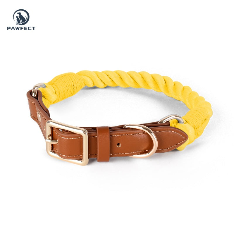 Woven Cotton Dog Collar with Soft Leather