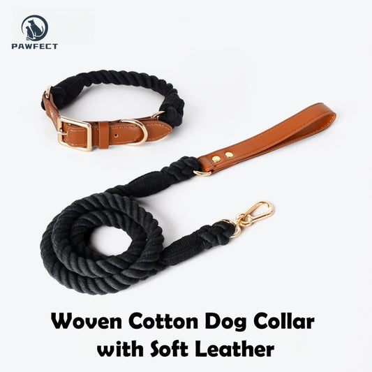 Woven Cotton Dog Collar with Soft Leather