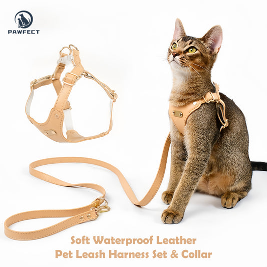 Soft Leather Cat Leash Set with Bow Collar or Harness