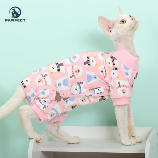 Full-Body Cartoon Romper for Cats with Belly Protection & Four-Leg Design